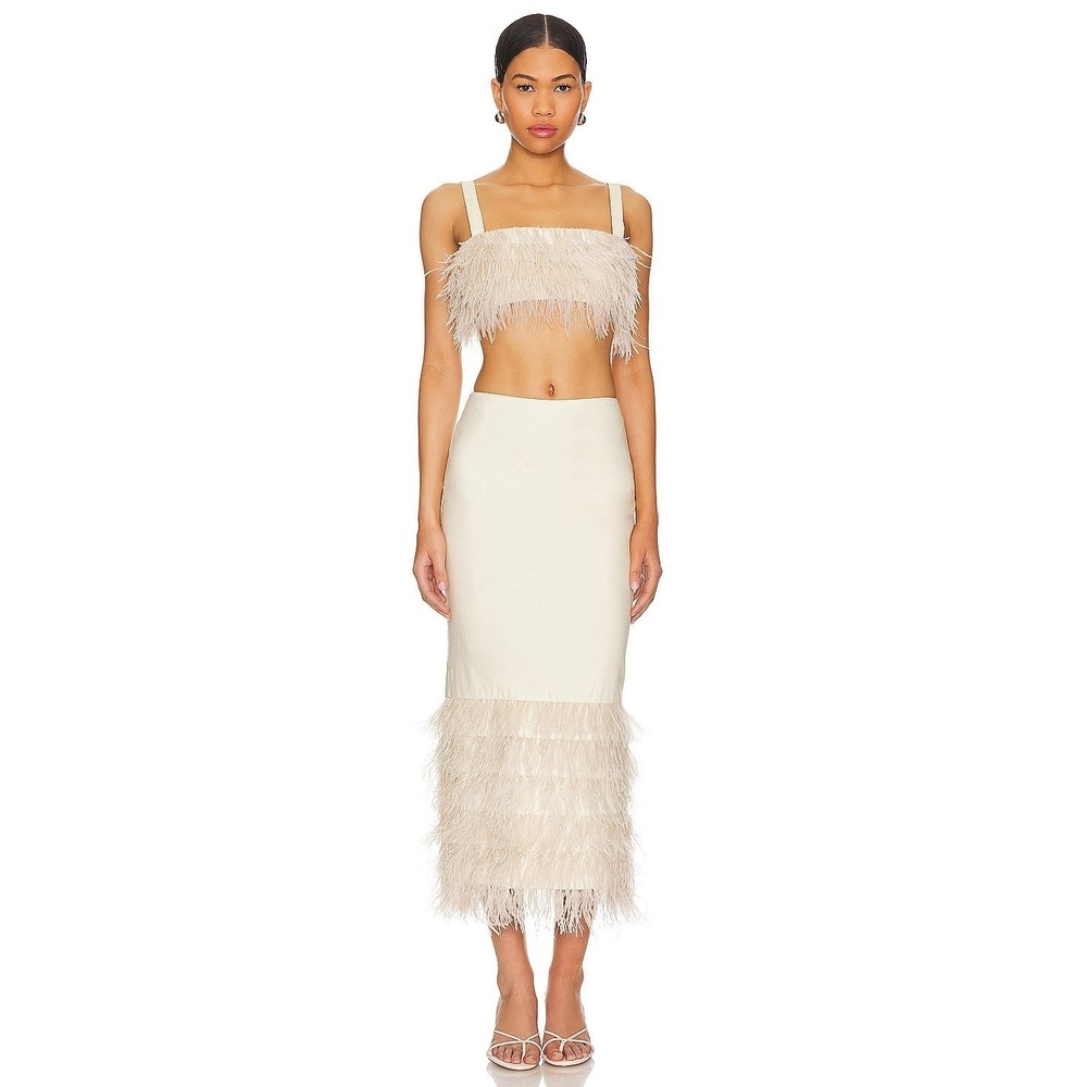 Lovers And Friends Womens Anika Ivory Feather Embellished Crop Top (S) Skirt (M)